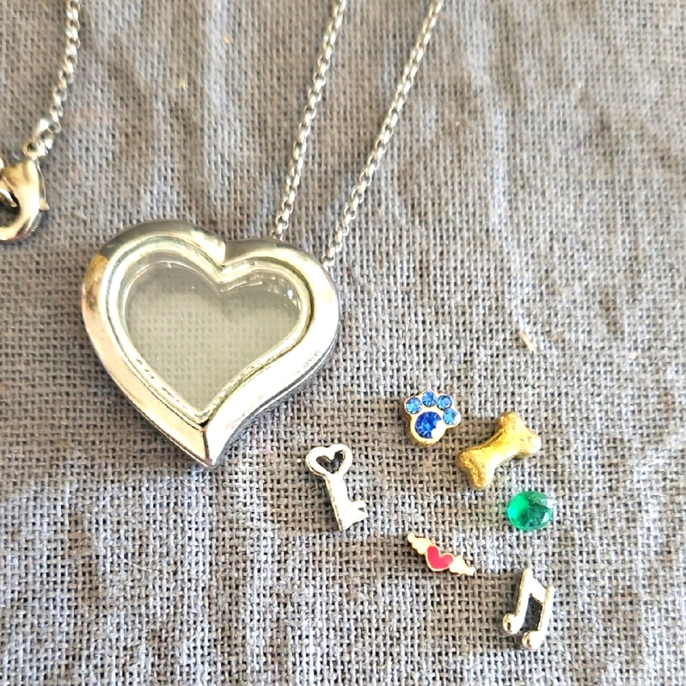 Silver Heart Locket Necklace with Charms And Chain Music, Dogs, Disney